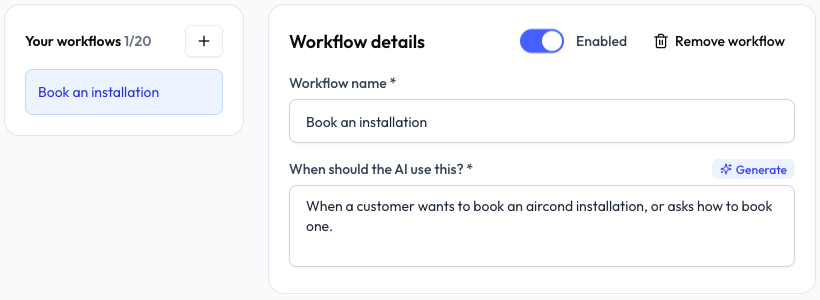 Butiran workflow dengan nama, When should the AI use this? dan suis Enabled
