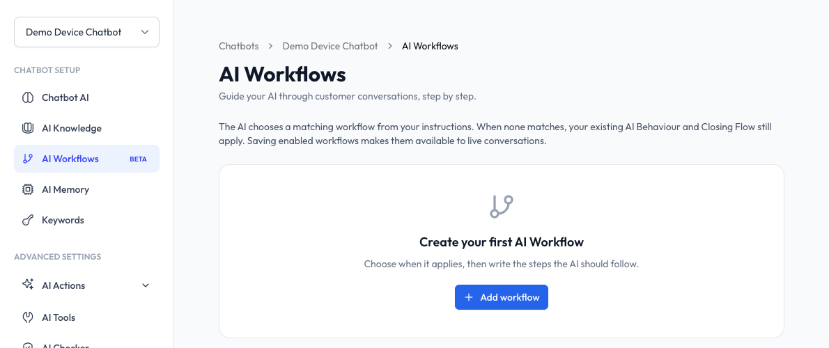 Halaman AI Workflows dengan butang Add workflow