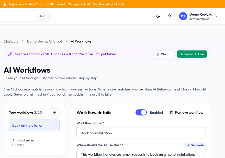 Draft yang disimpan dengan bar Discard dan Publish to Live, dan workflow yang dimatikan dalam senarai