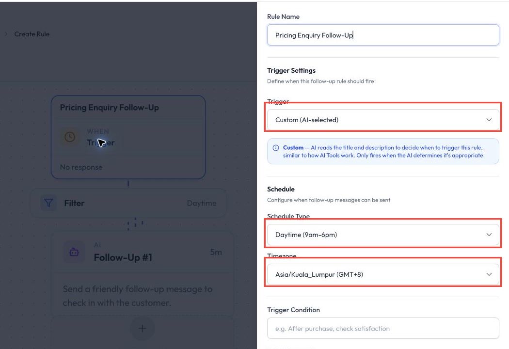 Trigger type and delivery schedule settings