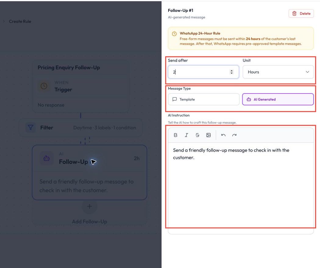 Follow-up delay and message settings