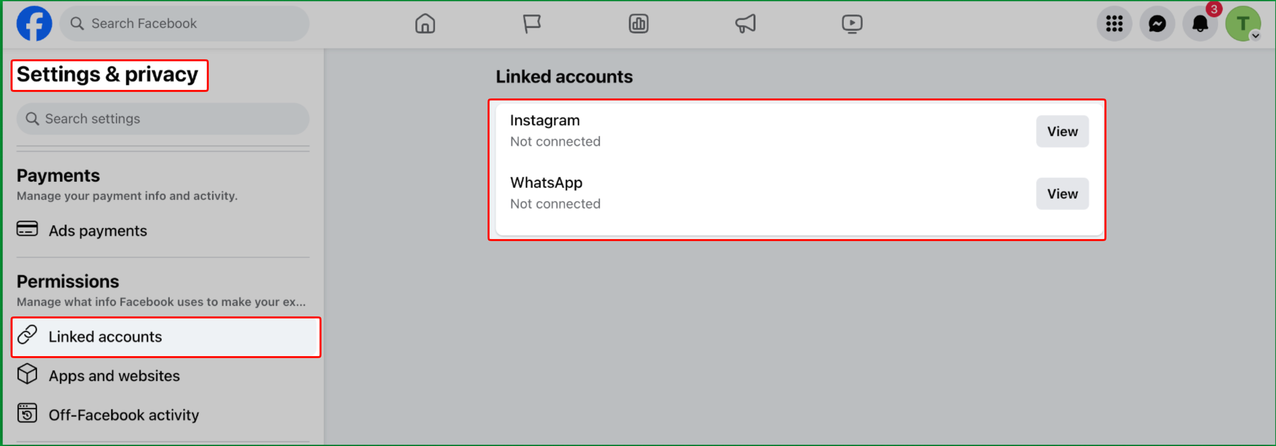 Facebook Page Linked accounts settings