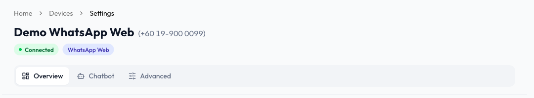WhatsApp Web device page with only Overview, Chatbot and Advanced tabs