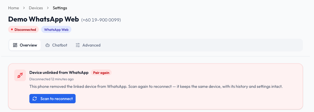 Device unlinked from WhatsApp card with the Scan to reconnect button