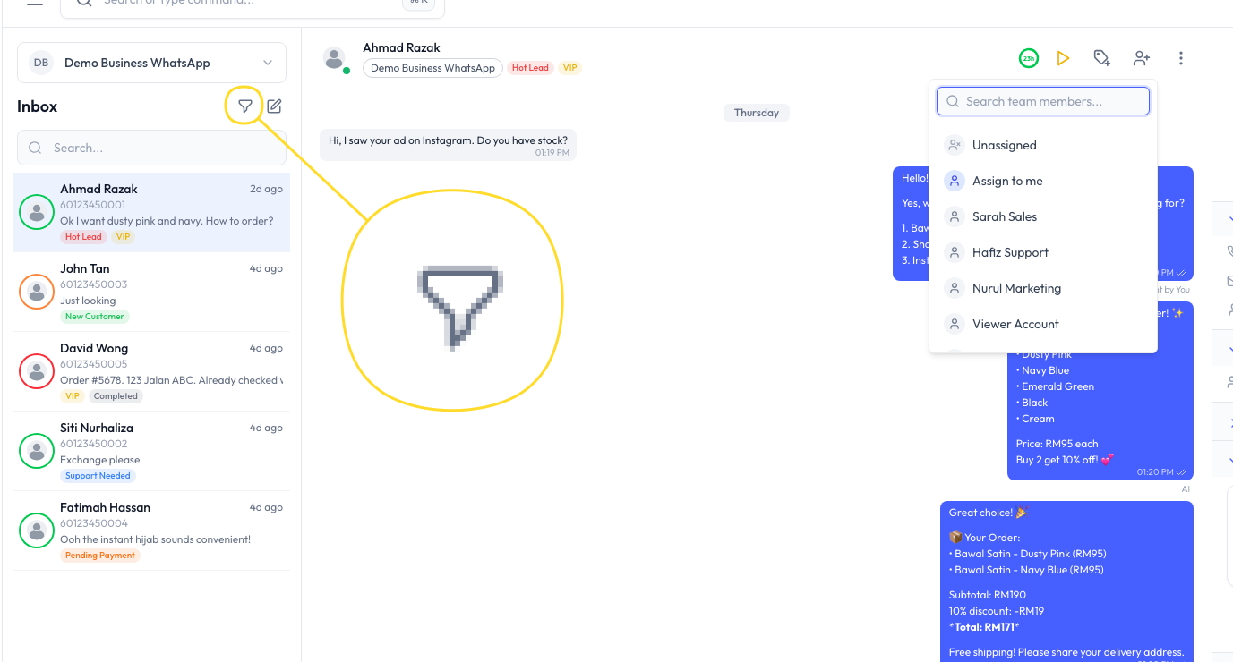 Assign a conversation from the chat header, and filter the Inbox by assignment