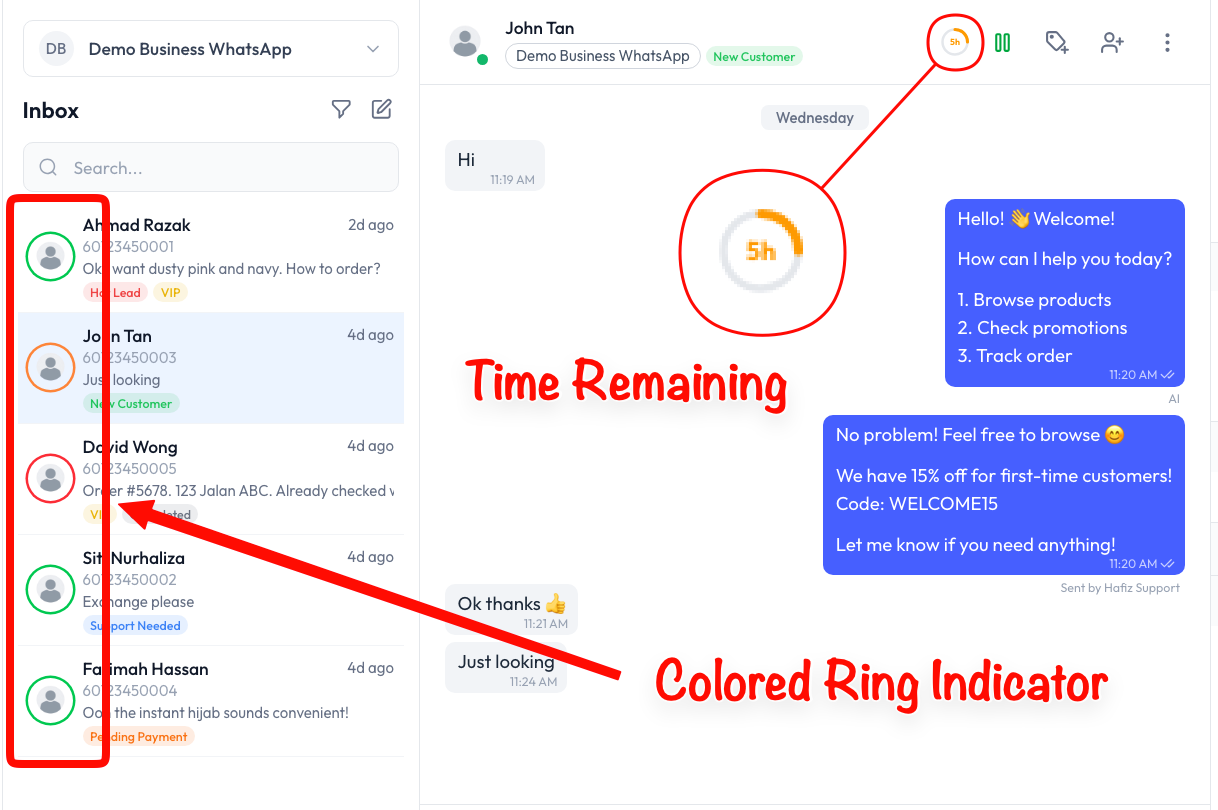 The colored ring on a contact avatar and the countdown timer in the chat header