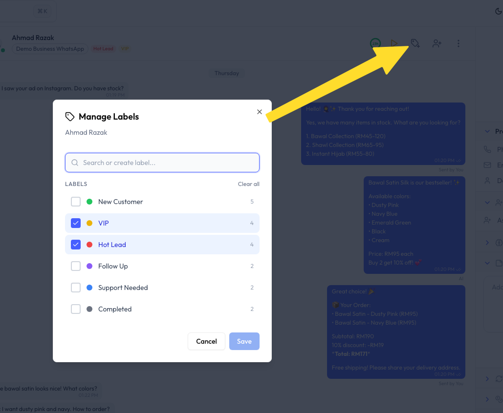 The Manage Labels modal opened from the chat header