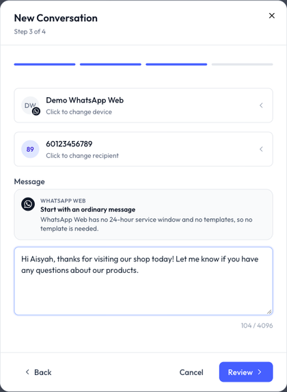 New Conversation step 3 on a WhatsApp Web device: an ordinary message, no template