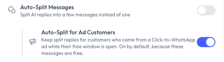 Auto-Split Messages turned off, with Auto-Split for Ad Customers turned on