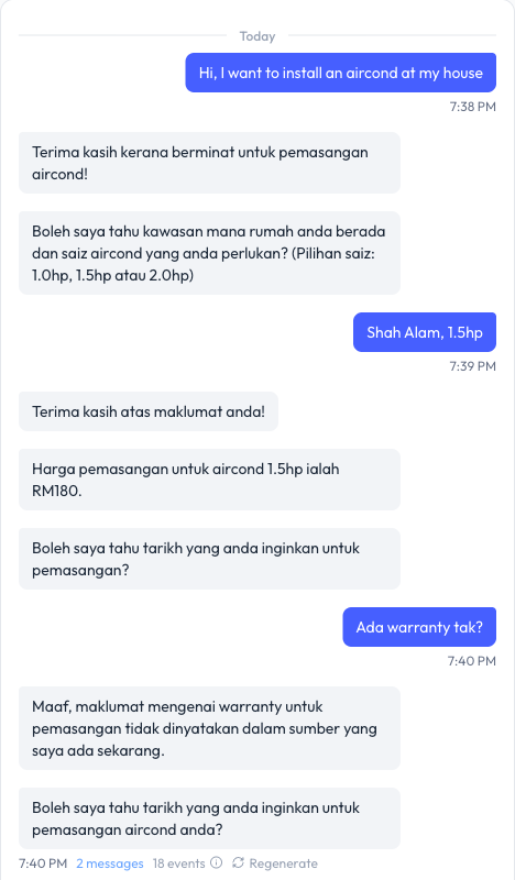 Perbualan AI Playground yang mengikut workflow Book an installation