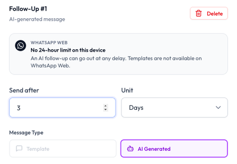 Auto Follow Up step showing No 24-hour limit on this device, with a 3-day AI Generated step