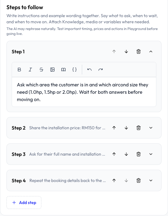 Steps to follow dengan empat step, Step 1 terbuka dalam editor